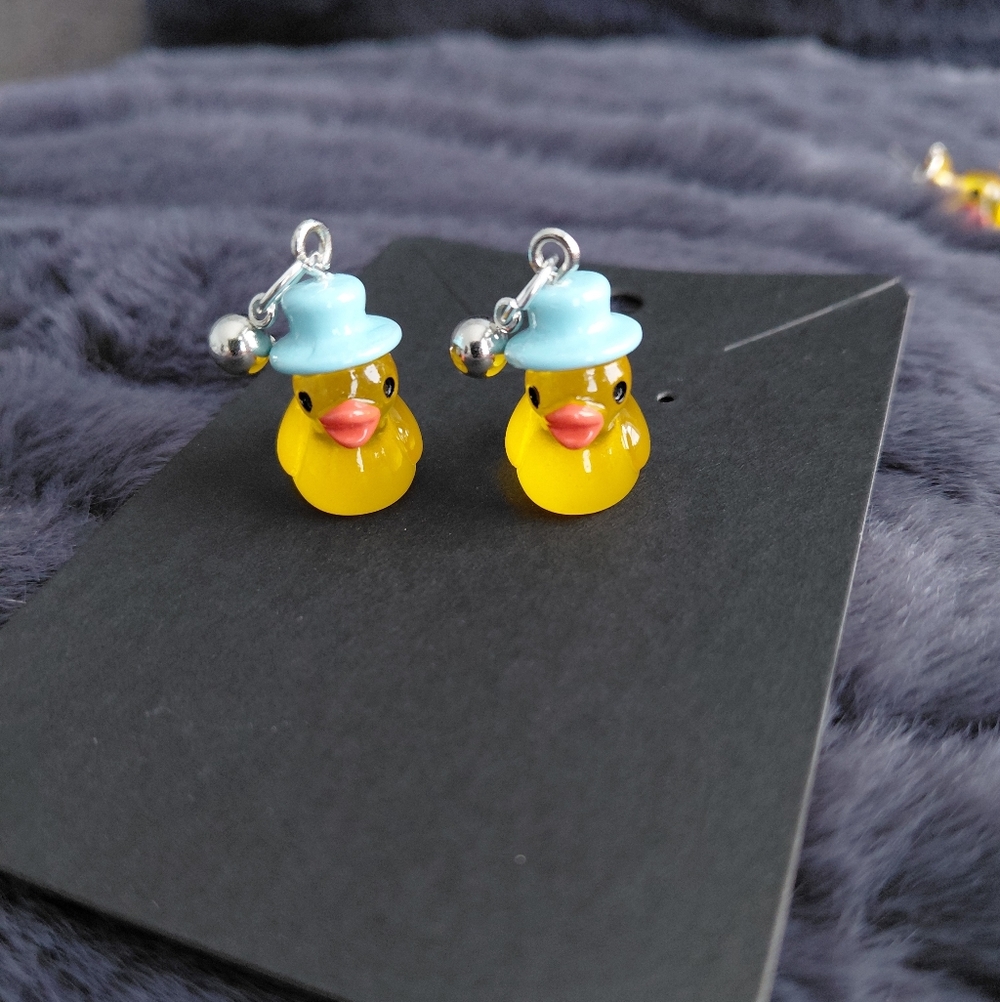 Yellow Duck Earrings with Blue Hat